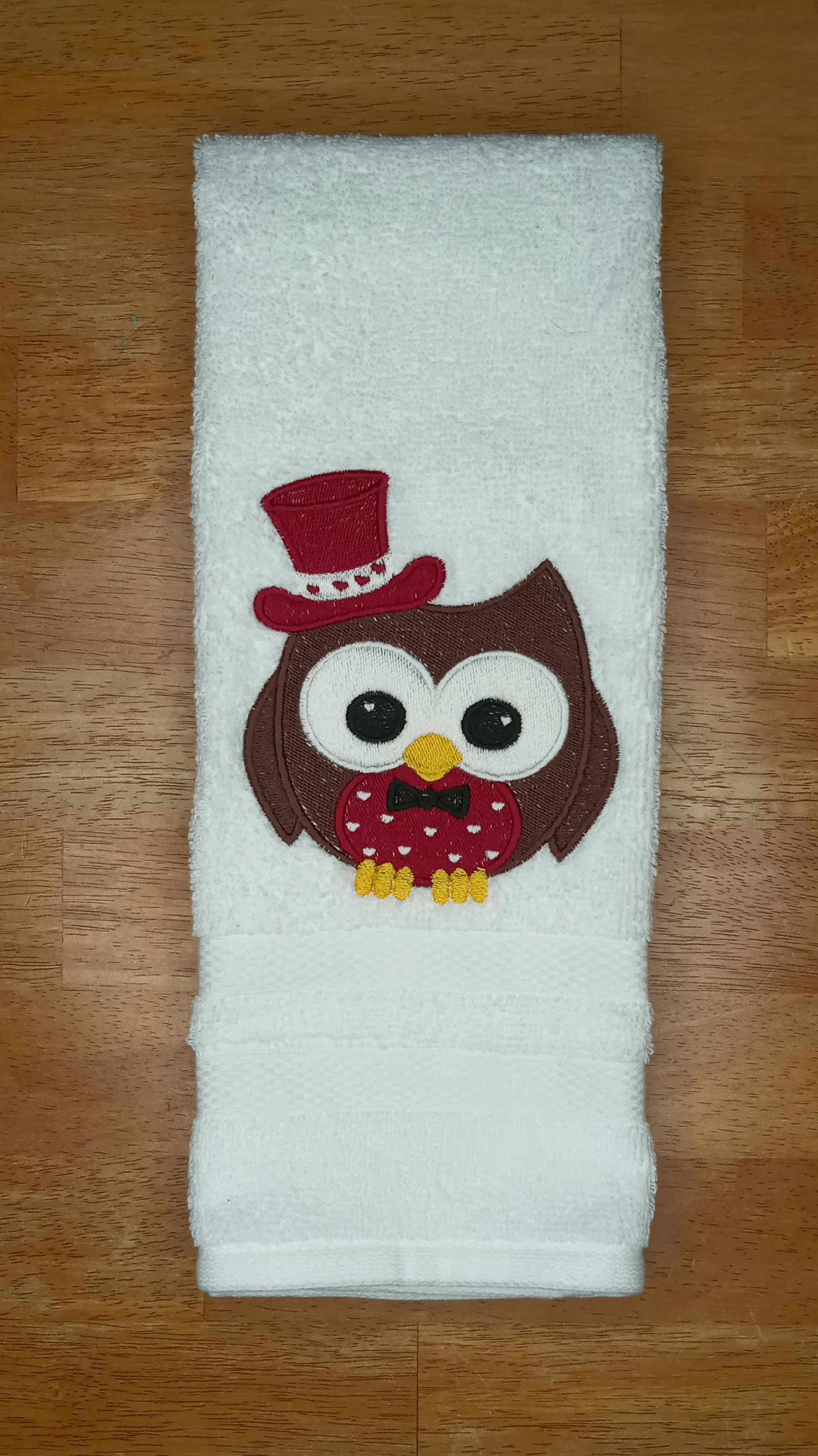 Owl* With A Top Hat And Bow Tie Embroidered Hand Towel - Hearts - Big Eyes