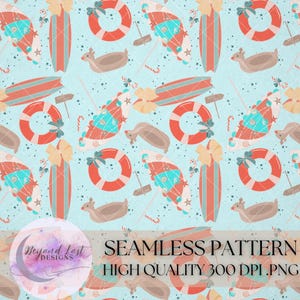 May include: Seamless pattern featuring a blue background with a variety of Christmas-themed beach items, including surfboards, life preservers, candy canes, and reindeer. The pattern is perfect for holiday crafts and decorations.