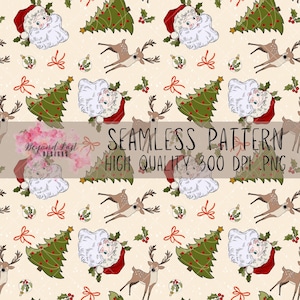 Vintage Christmas Retro Santa Seamless Pattern Hand Drawn 300 DPI PNG Instant Download Digital Papers Vinyl Fabric Sublimation Holiday