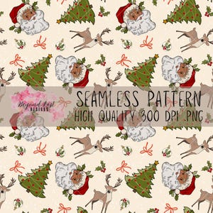 Vintage Christmas Retro Santa Seamless Pattern Hand Drawn 300 DPI PNG Instant Download Digital Papers Vinyl Fabric Sublimation Holiday