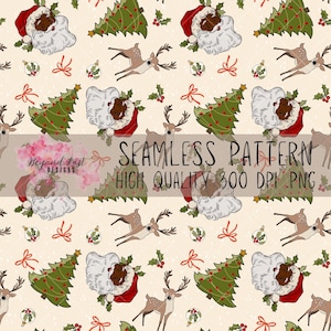 Vintage Christmas Retro Santa Seamless Pattern Hand Drawn 300 DPI PNG Instant Download Digital Papers Vinyl Fabric Sublimation Holiday