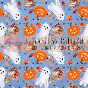 Bookish Spooky Pumpkin Ghost Seamless Pattern Hand Drawn 300 DPI PNG Instant Download Digital Papers Vinyl Fabric Sublimation Spooky Pattern