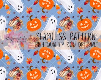 Bookish Spooky Pumpkin Ghost Seamless Pattern Hand Drawn 300 DPI PNG Instant Download Digital Papers Vinyl Fabric Sublimation Spooky Pattern