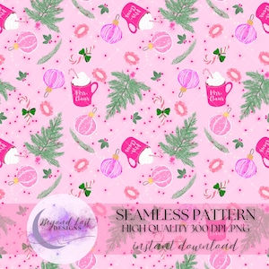 Pink Christmas Seamless Pattern Hand Drawn 300 DPI PNG Instant Download Digital Papers Vinyl Fabric Sublimation Coquette Girly Christmas