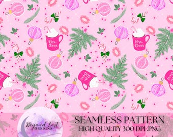 Pink Christmas Seamless Pattern Hand Drawn 300 DPI PNG Instant Download Digital Papers Vinyl Fabric Sublimation Coquette Girly Christmas