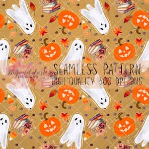 Bookish Spooky Pumpkin Ghost Seamless Pattern Hand Drawn 300 DPI PNG Instant Download Digital Papers Vinyl Fabric Sublimation Spooky Pattern