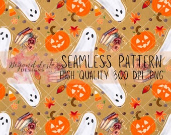 Bookish Spooky Pumpkin Ghost Seamless Pattern Hand Drawn 300 DPI PNG Instant Download Digital Papers Vinyl Fabric Sublimation Spooky Pattern