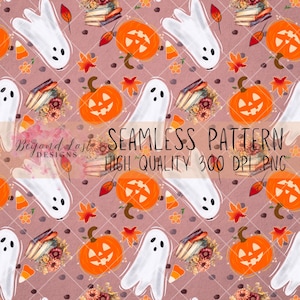 Bookish Spooky Pumpkin Ghost Seamless Pattern Hand Drawn 300 DPI PNG Instant Download Digital Papers Vinyl Fabric Sublimation Spooky Pattern