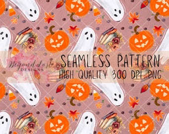 Bookish Spooky Pumpkin Ghost Seamless Pattern Hand Drawn 300 DPI PNG Instant Download Digital Papers Vinyl Fabric Sublimation Spooky Pattern