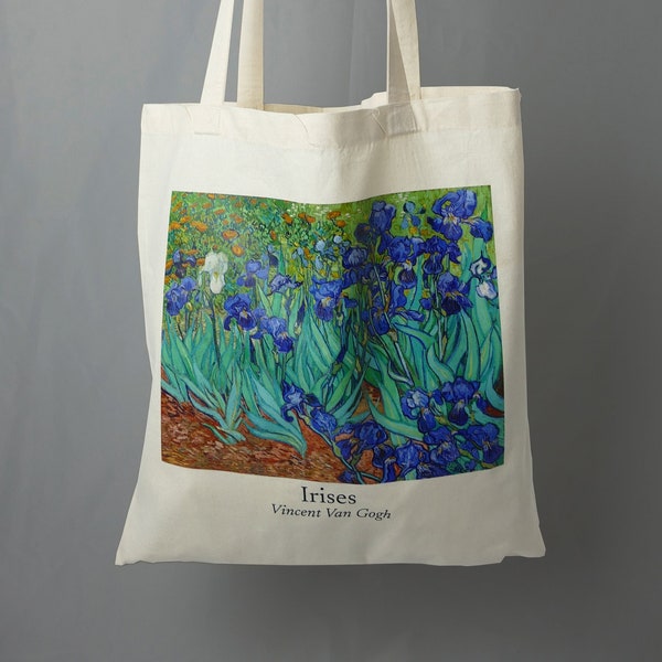 Jutebeutel bedruckt | Van Gogh "Irises" & Lange Henkel | Baumwolltasche Tragetasche Stoffbeutel Stofftasche Einkaufstasche