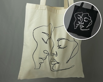 100% Cotton Bag Couple Lineart Illustration & Long Handle / Jute Bag Tote Bag Cloth Bag Canvas Bag Shopping Bag