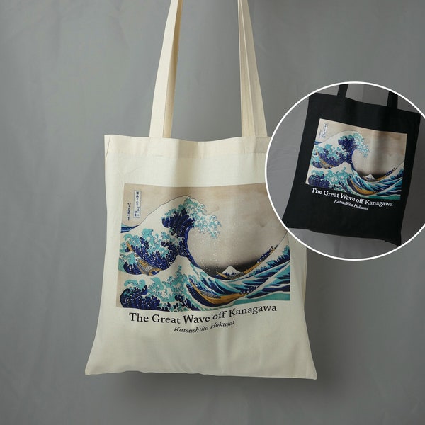 100% Baumwolltasche mit "Welle vor Kanagawa" & Lange Henkel / Jutebeutel Tragetasche Stoffbeutel Stofftasche Leinentasche Einkaufstasche