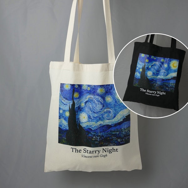 100% Baumwolltasche Sternennacht von Van Gogh & Lange Henkel / Jutebeutel Tragetasche Stoffbeutel Stofftasche Leinentasche Einkaufstasche