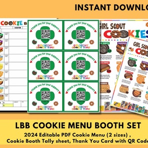LBB, Girl Scout Cookie Booth Pack, 2024 LBB-Cookies, bearbeitbares Cookie-Menü, Tally, Dankeskarte mit QR-Code