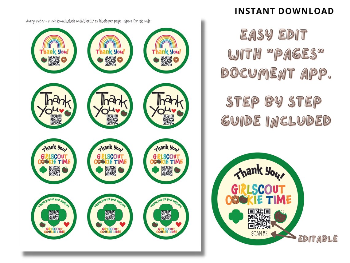 Girl Scout Cookie Thank You Stickers/tag, Instant Download, Editable QR ...
