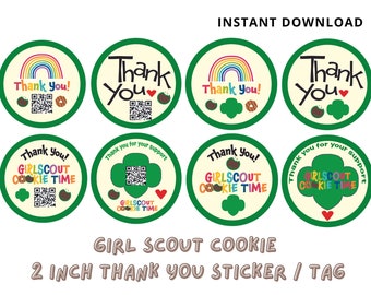 Girl Scout Cookie Thank You Stickers/Tag, Instant download, Editable QR code, 2 versions,  2 inch Round & Square Sticker (Avery template)