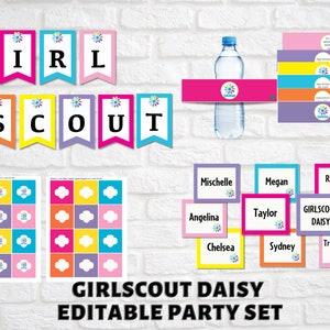 GirlScout Daisy Party Dekoration Set - bearbeitbare PDF, Name / Menü-Tag, Banner, Wasserflaschen-Etikett, Cake Topper