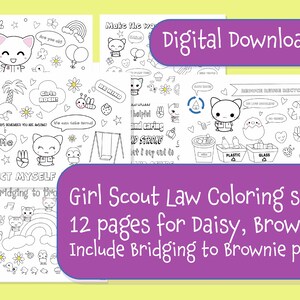 Girl Scout Law Coloring Set 12 pages includes Bridging to Brownie Rainbow coloring page, Instant Download