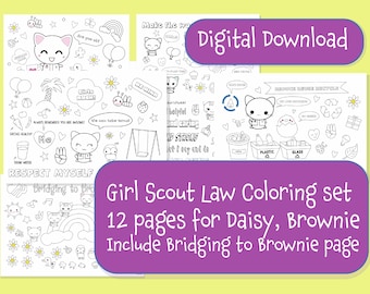 Girl Scout Law Coloring Set 12 pages includes Bridging to Brownie Rainbow coloring page, Instant Download