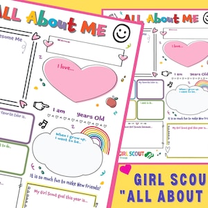 Girl Scout : All About Me, back to school, Get to know, for the first meeting, Editable questions