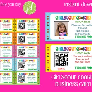 Girl Scout Cookie-visitekaartje met QR-code, of Girl Scout-foto, bewerkbaar, bedankbriefje voor Cookie Booth