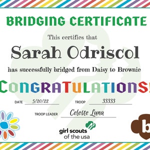 Girl Scout Bridging Certificate, Bridging, Bridging Award, Daisy to Brownie, Jet template, letter size