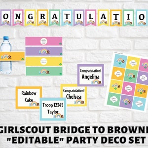 Girl Scout Bridge to Brownie, Party-Dekorations-Set - bearbeitbares PDF, Name / Menü-Tag, Banner, Wasserflaschen-Etikett, Cake Topper