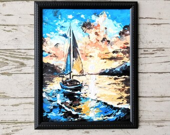 Sailboat At Sea Painting/100% Hand Painted Abstract Acrylic Sailboat Near Sunset Painting/Sailboat Art