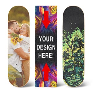 May include: Three skateboards. One features a couple embracing in a field of sunflowers. The second has the text "YOUR DESIGN HERE!" with red arrows. The third has a green and black skeleton graphic.