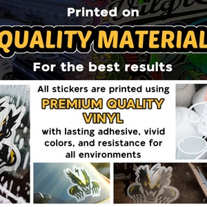 Puede incluir: Primer plano de tres pegatinas con un gr&aacute;fico negro y amarillo de una criatura con dientes y garras afiladas. El texto "Printed on QUALITY MATERIAL For the best results" est&aacute; en la parte superior de la imagen. El texto "All stickers are printed using PREMIUM QUALITY VINYL with lasting adhesive, vivid colours, and resistance for all environments" est&aacute; en la parte media de la imagen.