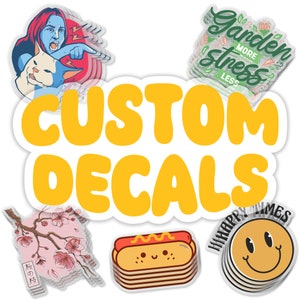 May include: Custom decals with various designs, including a cat, a hot dog, a cherry blossom branch, a smiley face, and a text decal that says "Garden More Stress Less".