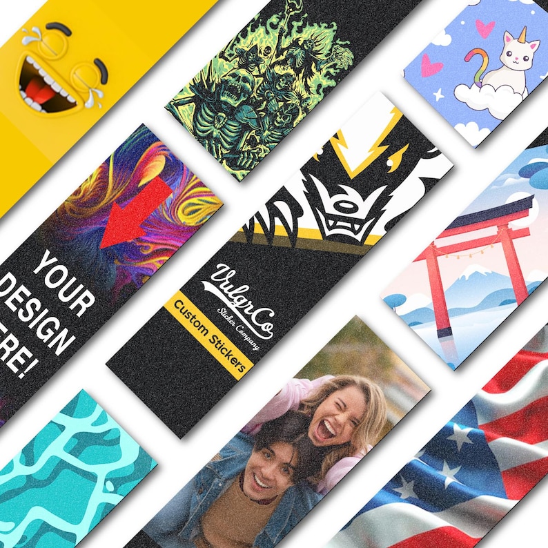 May include: A collection of various stickers with diverse designs. Includes a yellow laughing emoji, a green and black skeleton graphic, a cat riding a cloud, a red arrow, a logo with text "Your Design Here!", and a photo of a couple.