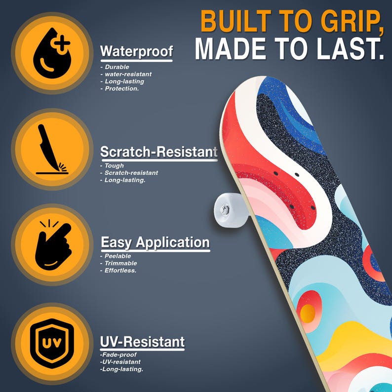 May include: A skateboard deck with a colorful abstract design featuring red, blue, and white shapes. The image includes text highlighting features like waterproof, scratch-resistant, easy application, and UV-resistant.