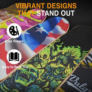 May include: Close-up of several skateboards with vibrant designs. One features a Puerto Rican flag, another a skeleton graphic with green flames, and others with colorful patterns. The text "VIBRANT DESIGNS THAT STAND OUT" is displayed at the top.