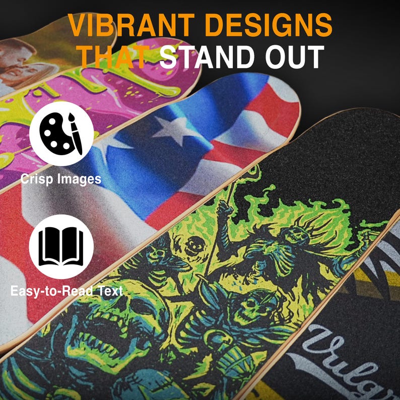 May include: Close-up of several skateboards with vibrant designs. One features a Puerto Rican flag, another a skeleton graphic with green flames, and others with colorful patterns. The text "VIBRANT DESIGNS THAT STAND OUT" is displayed at the top.