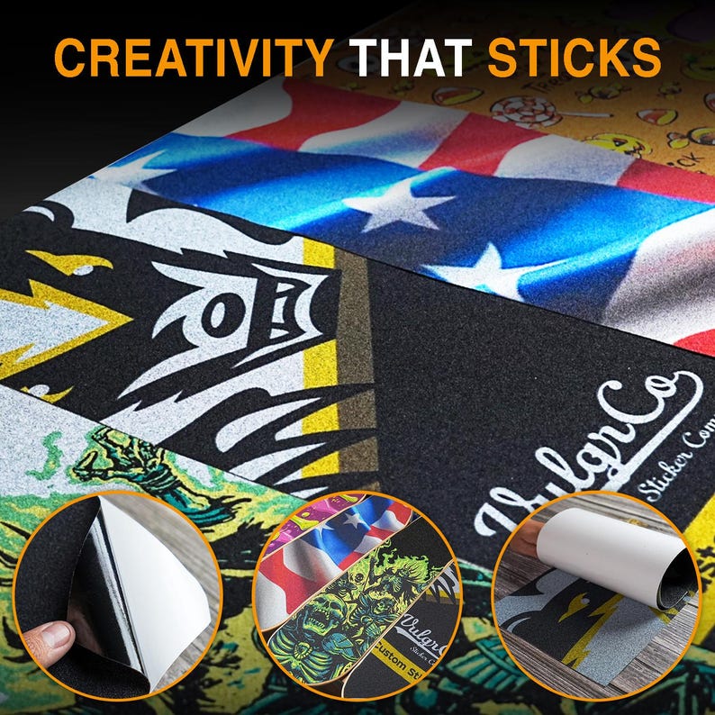 May include: A variety of skateboard grip tape designs are displayed, including American flag, skull, and abstract patterns. The phrase "CREATIVITY THAT STICKS" is at the top. Some grip tape is shown in rolls, and some are shown with the backing peeled off.