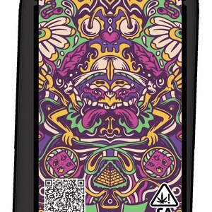 Puede incluir: Un dise&ntilde;o psicod&eacute;lico colorido con una cara de monstruo de dibujos animados en el centro. El dise&ntilde;o incluye un c&oacute;digo QR, una pir&aacute;mide y una hoja de cannabis con el texto "CA!" en un c&iacute;rculo.