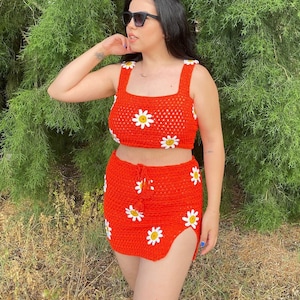 Crochet Skirt and Crop Top Set for Summer | Festival Cloth | Handmade Vintage | Sleeveless Crop Tops and Split Mini Skirt 2Pcs Sets