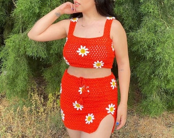 Häkelrock und Crop Top Set für Sommer | Festival Tuch | Handgemachte Vintage | Ärmellose Crop Tops und Split MiniRock 2Stk Sets