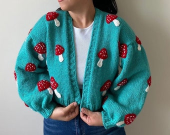 Mushroom Cardigan | Handmade Sweater for Women | Mushroom Knit Jacket | Oversized Mushroom Cardigan | Valentine’s Day Gift For Her