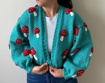 Handmade Wool Mushroom Knit Cardigan: Oversized Chunky Sweater