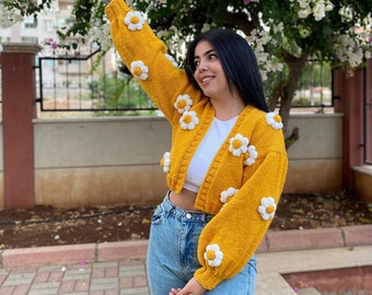 Daisy  Chunky Cardigan | Handmade Sweater for Women | Daisy Knit Jacket | Oversized Daisy Cardigan | Christmas unique gift for her