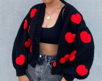 Heart Chunky Cardigan | Handmade Sweater for Women | Heart Knit Jacket | Oversized Heart Cardigan | Valentine’s Day Gift For Her