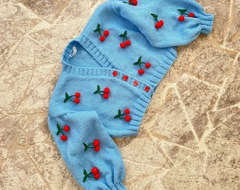 Cherry Cardigan | 100% handmade | Oversize Cherry Cardigan | Chunky Knitt Cardigan | Blue Cardigan |  Christmas Unique Gift For Her