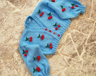 Handmade Cherry Knit Cardigan: Oversized Wool Sweater
