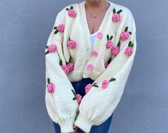 Rose  Chunky Cardigan | Handmade Sweater for Women | Rose Knit Jacket | Oversized Daisy Cardigan | Christmas unique gift for her
