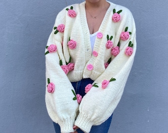 Cardigan épais rose | Pull fait main pour femmes | Veste en tricot rose | Cardigan marguerite surdimensionné | Cadeau de Noël unique pour elle