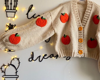 Pumpkin Design Handmade Wool Knit Cardigan / Oversized Chunky