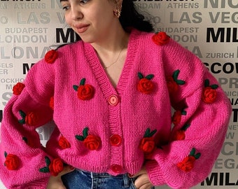 Rose Chunky Cardigan | Handmade Sweater for Women | Rose Knit Jacket | Oversized Daisy Cardigan | Christmas unique gift for her