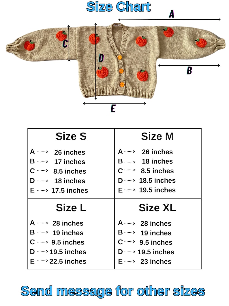 May include: Size chart for a beige knitted cardigan with orange embroidered apples. The chart shows measurements in inches for sizes S, M, L, and XL. Measurements include: A - total length, B - sleeve length, C - shoulder width, D - bust, and E - cardigan length.